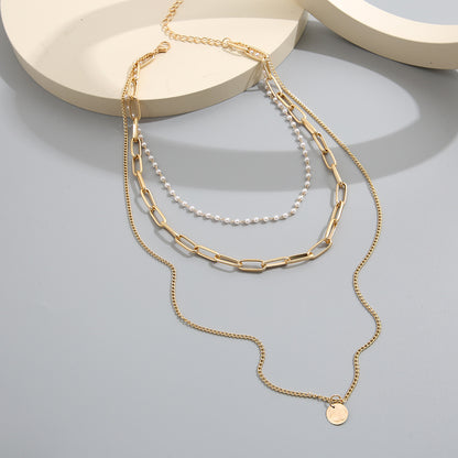 Chain disc pendant multi-layer pearl necklace
