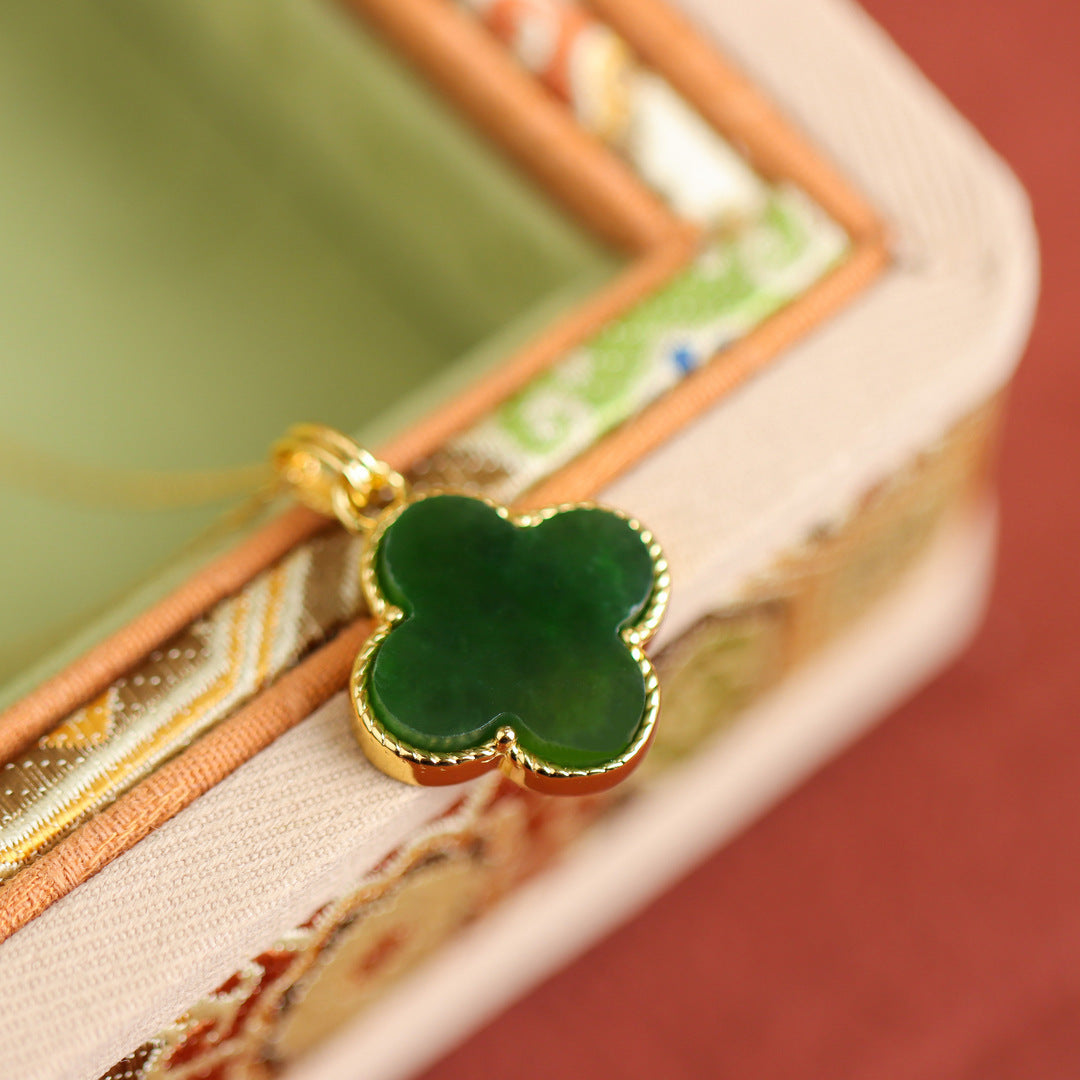 Women's Four-Leaf Clover Hetian-Style Jade Pendant Necklace
