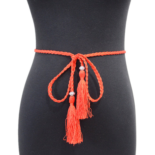 Solid color fringed small waist rope with shirt