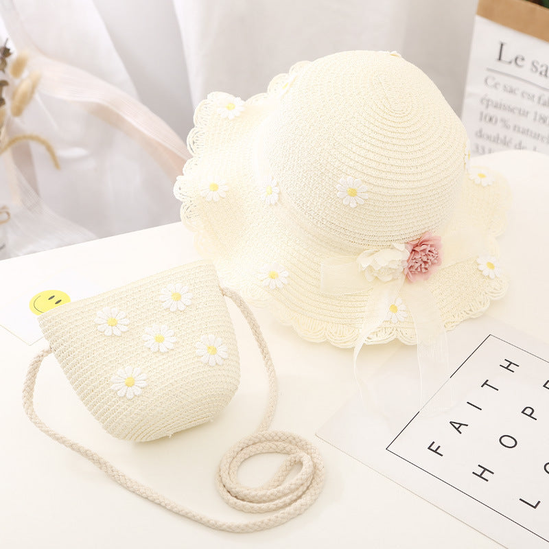 Conjunto de sombrero para el sol para niñas, nuevo bolso de paja de verano, princesa UV para bebés 