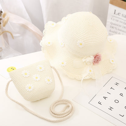 Conjunto de sombrero para el sol para niñas, nuevo bolso de paja de verano, princesa UV para bebés 