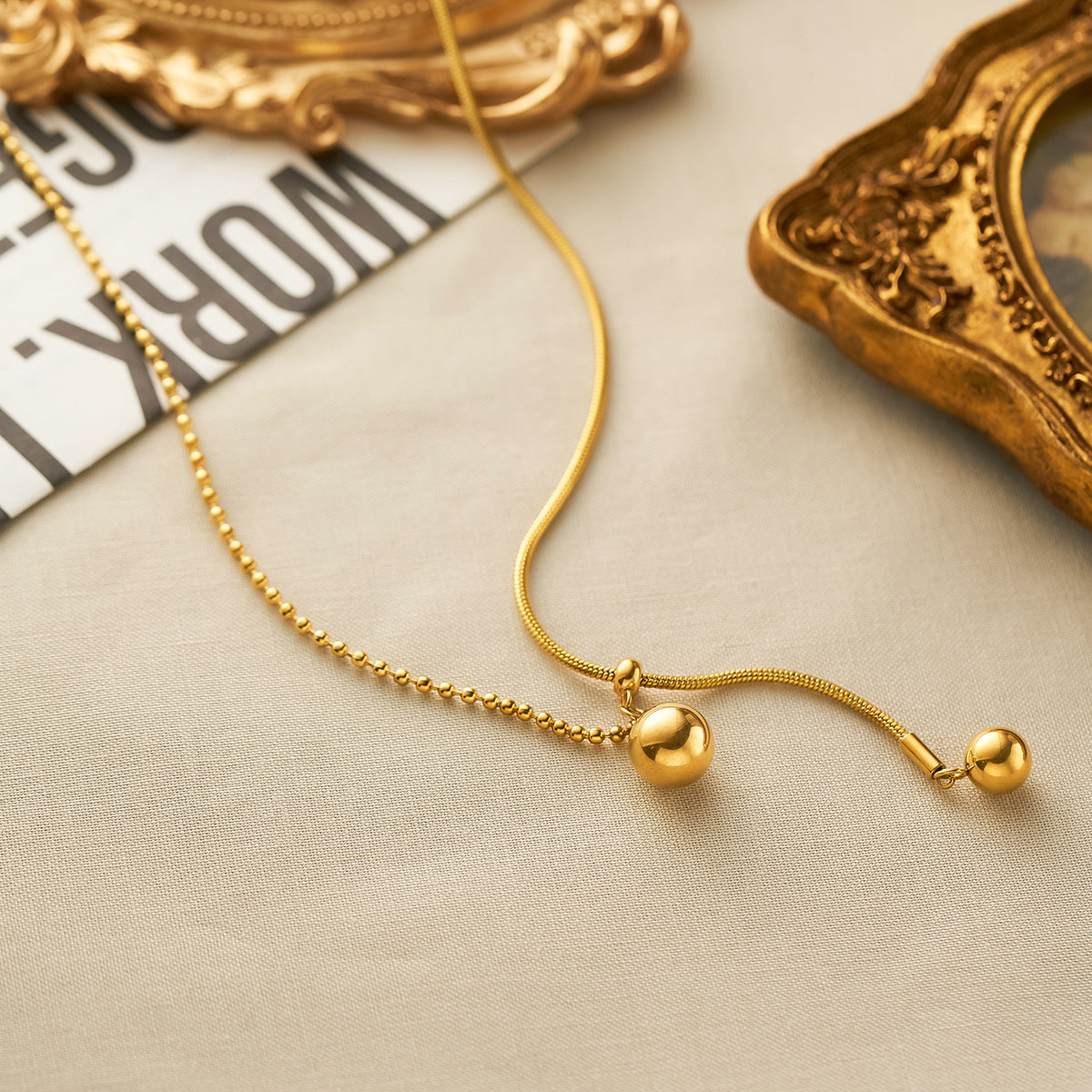 Adjustable Titanium Steel 18K Gold-Plated Bead Sweater Necklace