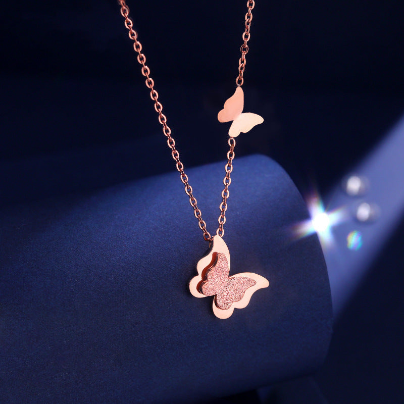 Women's Rose Gold Frosted Double Butterfly Titanium Steel Collarbone Necklace
