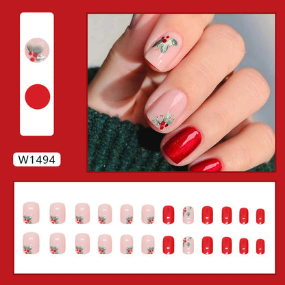 Western Style Red Floral Short Square Fake Nails