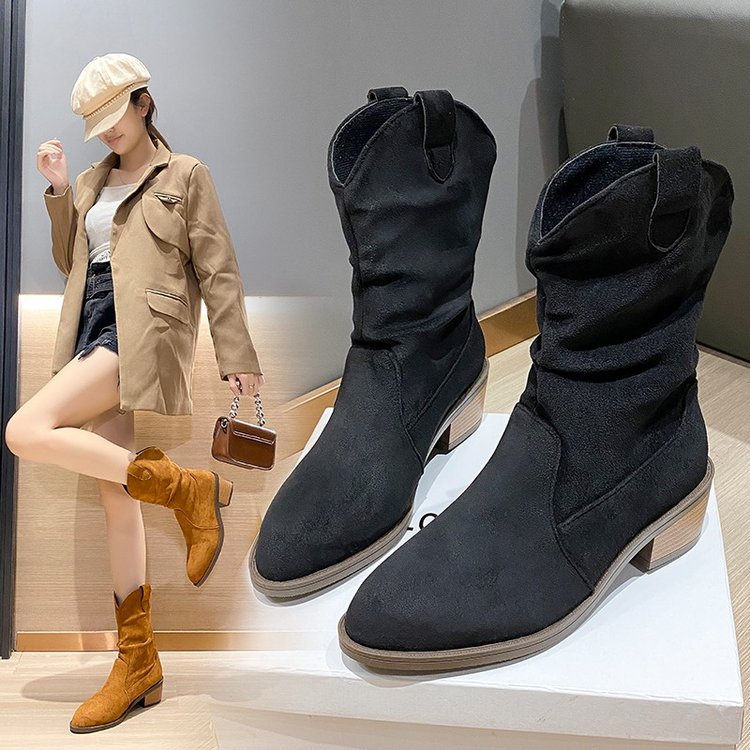 Cattle suede pointed short tube thick heel medium boots