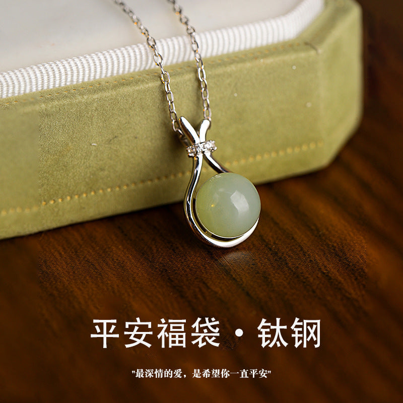 Imitation Hetian Jade Lucky Bag Titanium Steel Clavicle Necklace — Non-Fading