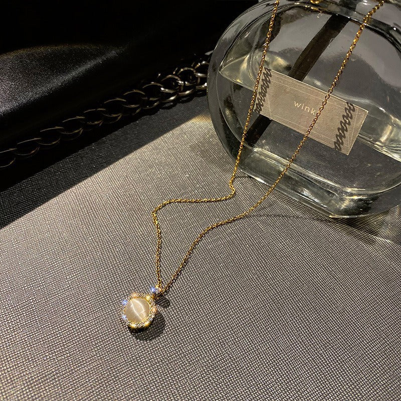 Women's Rotating Opal Pendant Necklace with Zircon Accent