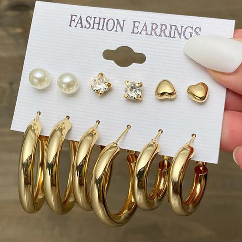 Retro Geometric Pearl 6-Piece Earring Set