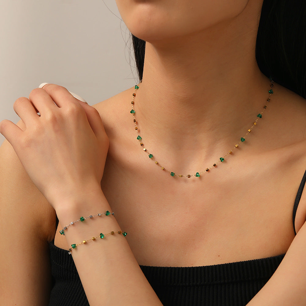 Green Square Zircon Pendant Necklace — Fresh, Versatile, Non-Fading