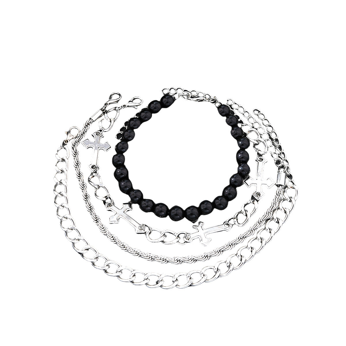 Men's Stainless Steel Beaded Cross Bracelet Set