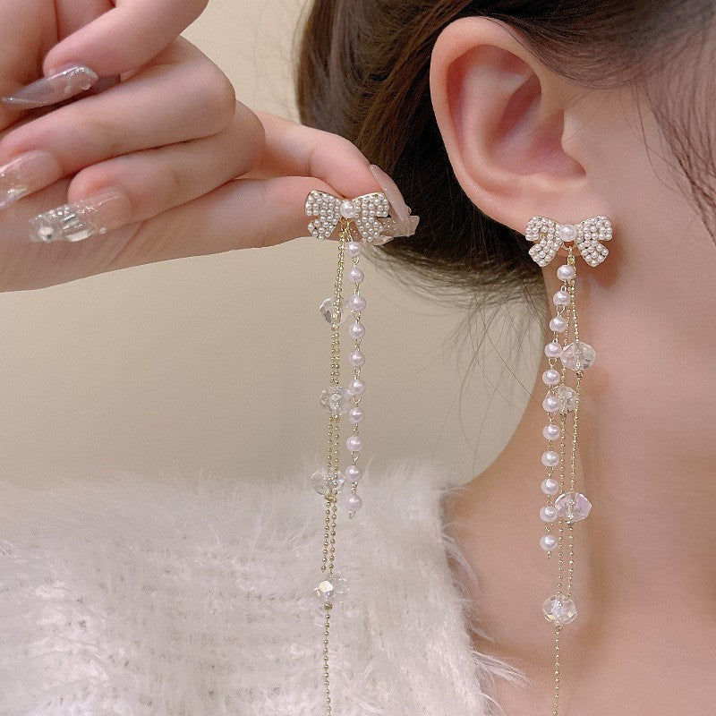 Pearl crystal bow fringed earrings