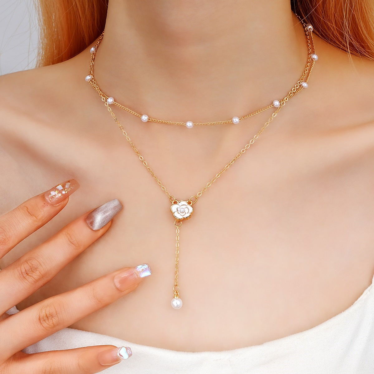 Camellia Pearl Fringe Necklace