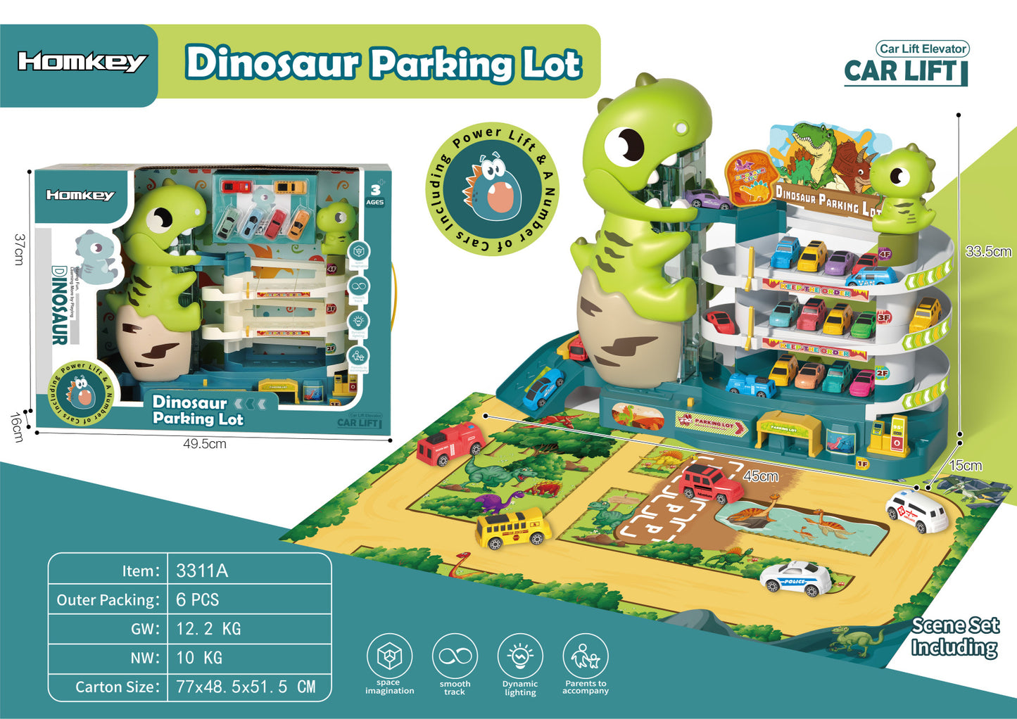 Dinosaur Mountain Track Car Adventure Aparcamiento Juguete para niños de 3 a 4 años 