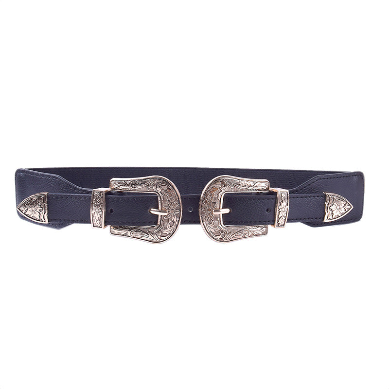 Grained metal double buckle decorative belt
