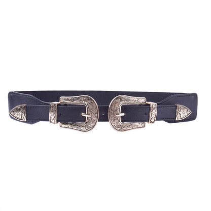 Grained metal double buckle decorative belt
