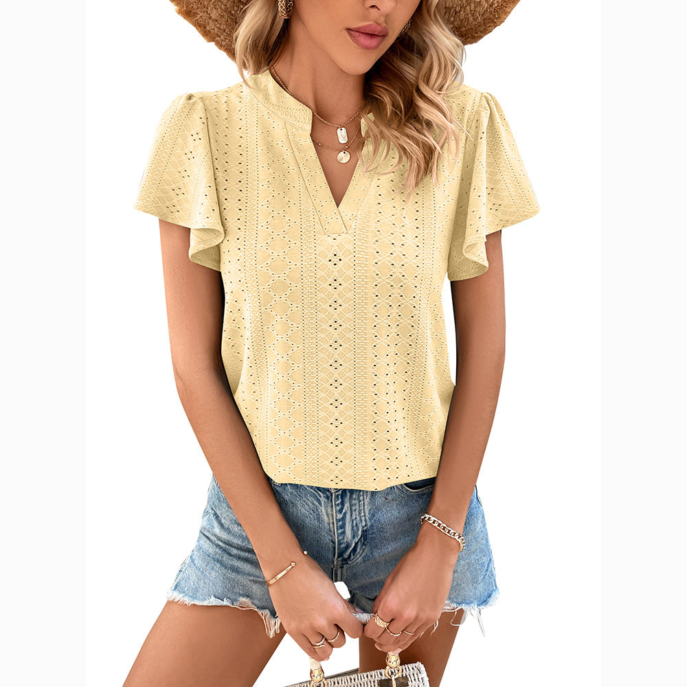 V-Neck Pleated Lotus Leaf Sleeve T-Shirt