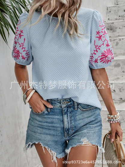 Embroidered Crew Neck Bubble Short Sleeve Shirt