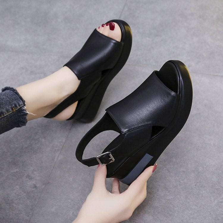 Soft leather heightening muffin shoes