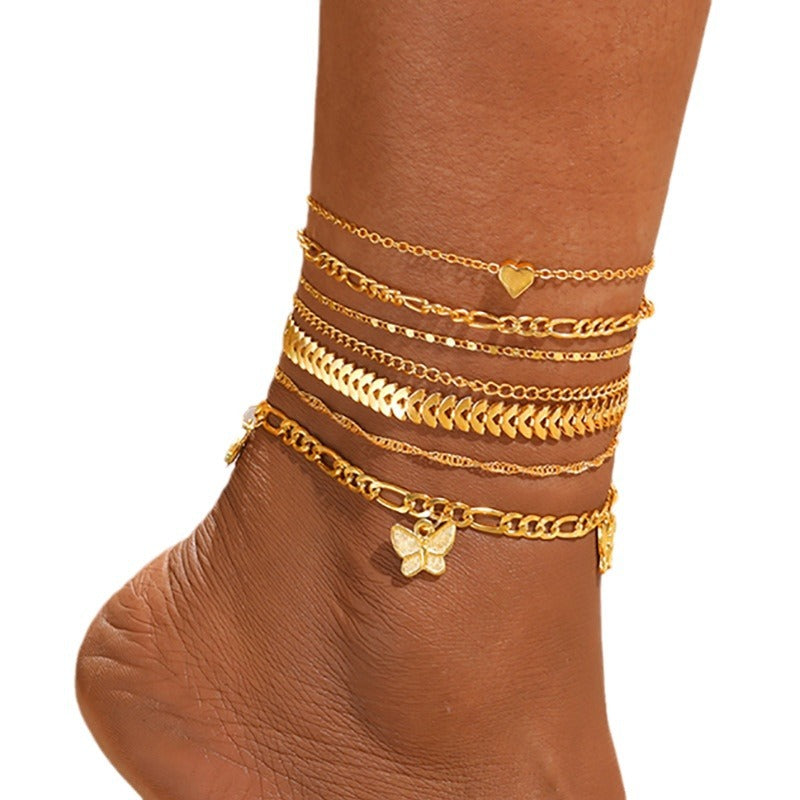 Gold Butterfly Multi-Layer Anklet Set