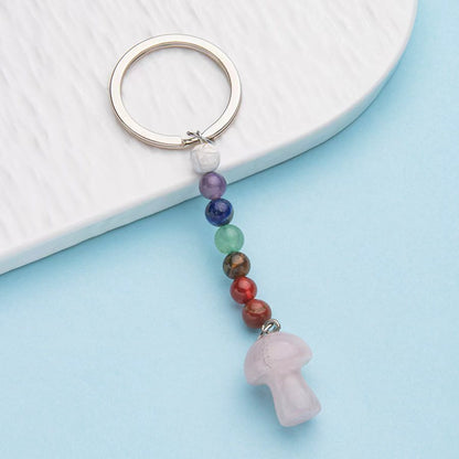 Colorful stone crystal small mushroom pendant stainless steel keychain