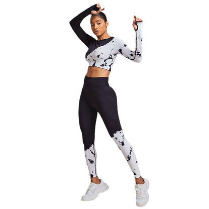 Conjunto de sujetador deportivo de gran elasticidad en blanco y negro sin costuras 