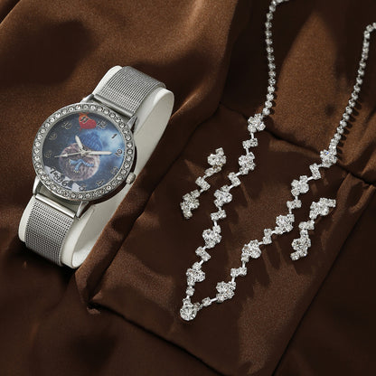 Cartoon alloy watch rhinestone jewelry set