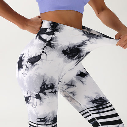 Euro Trendy Pantalones de yoga con levantamiento de glúteos y cintura alta sin costuras con efecto tie-dye 