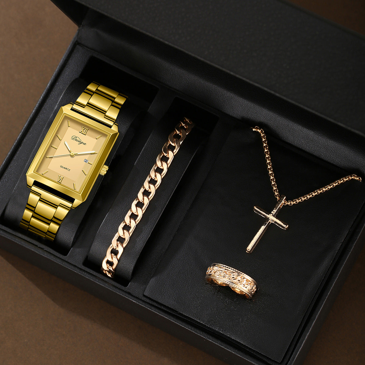 Square Quartz Watch Cross Jewelry Set