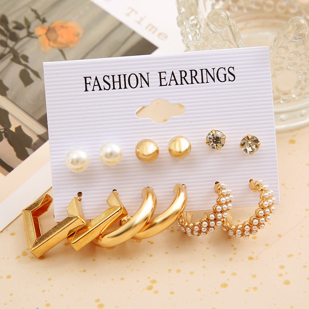 Geometric Pearl & Rhinestone Earring Set