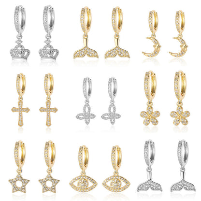 Crescent Star Flower Copper Zircon Women's Earrings