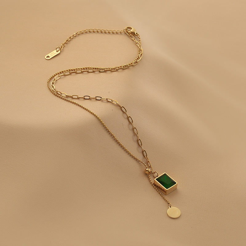 Emerald & Diamond Titanium Steel Adjustable Collarbone Necklace