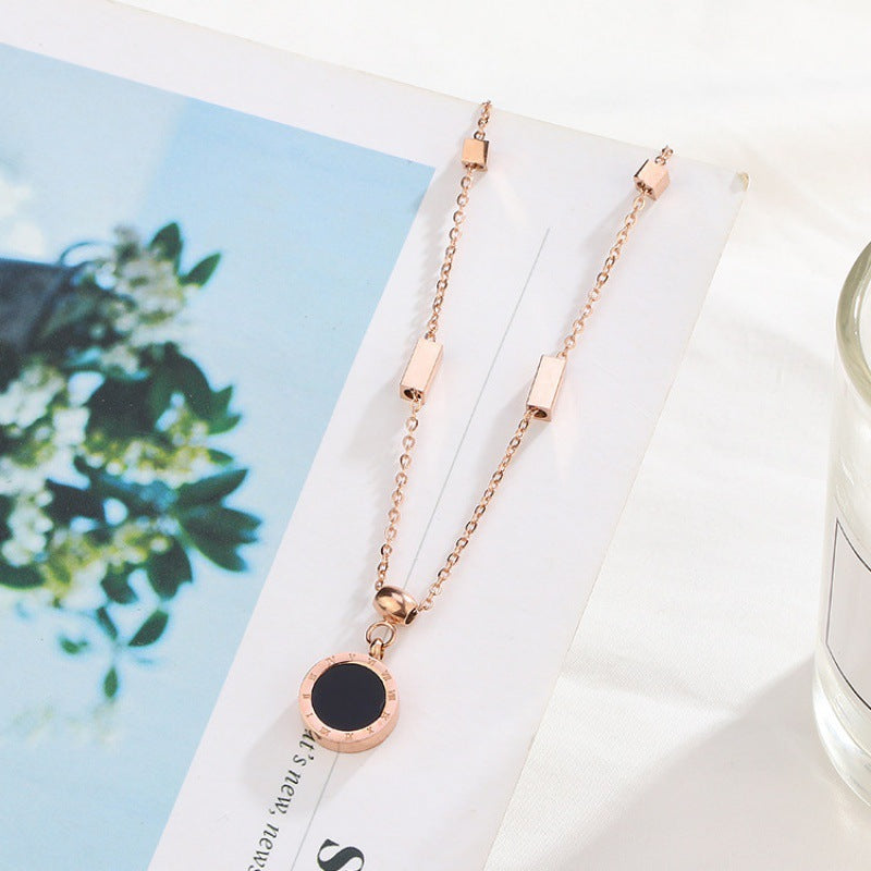 Rose Gold Titanium-Steel Double-Sided Shell Necklace with Roman Letter Pendant