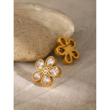 Flower Shaped Zirconia Titanium Steel Earrings