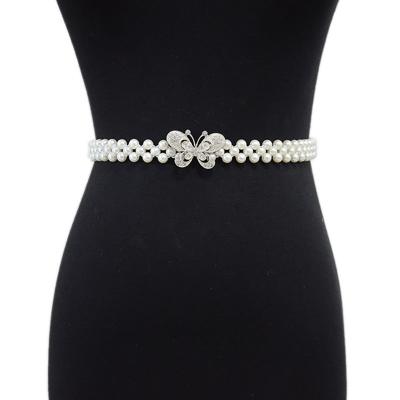 Butterfly buckle elastic elastic pearl waist chain