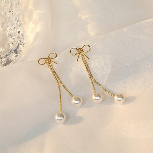 Bow Pearl Tassel Earrings