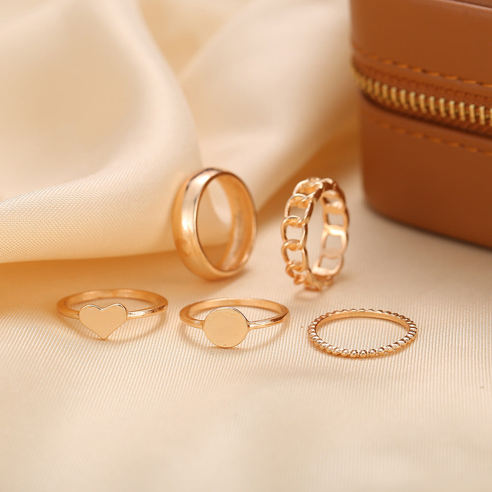 Geometric heart gold joint ring set 5 pieces