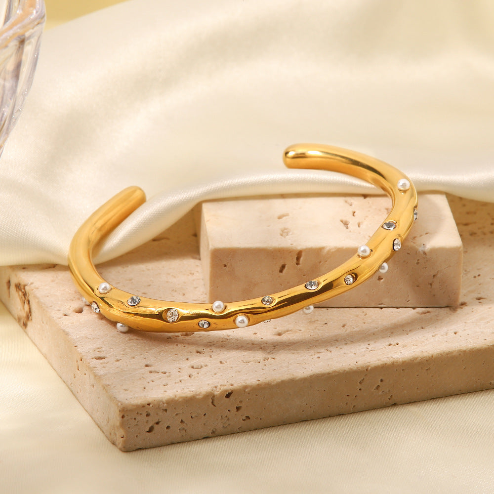 Pearl and zircon cross-inlaid bracelet