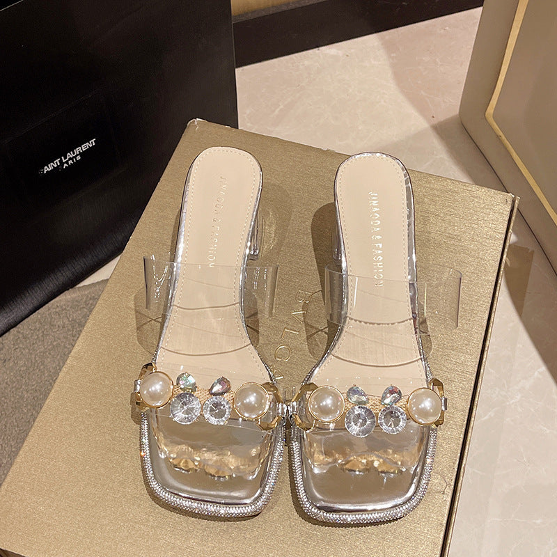 French rhinestone clear crystal heel sandals