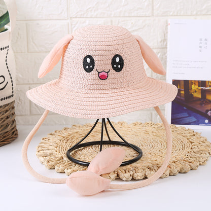 Gorro de paja con orejas de conejo para bebé, protección UV, bonito y divertido 