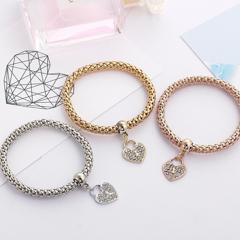 3-Piece Popcorn Chain Bracelet Set with Heart Pendant