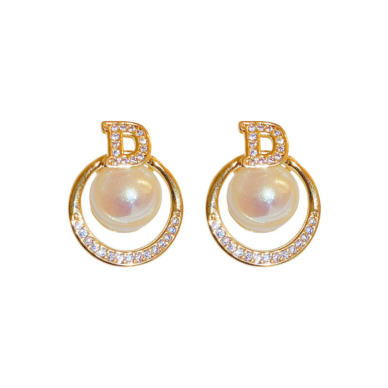 French-Style Pearl & Letter Diamond Stud Earrings