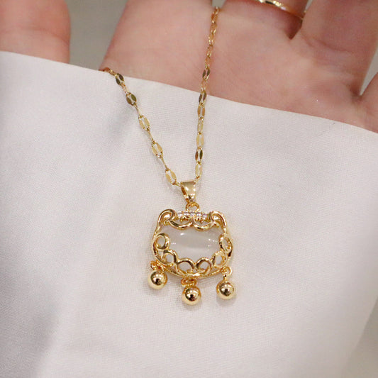 Women's 18K Gold-Plated Titanium Steel Cloud Lock Necklace with White Cat's Eye