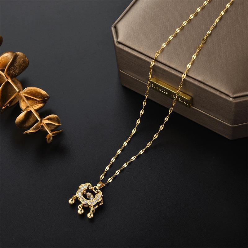 Gold-Plated Titanium Steel Collarbone Necklace with Bell Talisman and Smart Lock