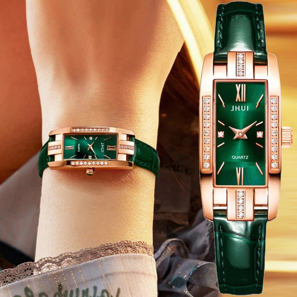 Elegante reloj cuadrado pequeño de color verde para mujer 