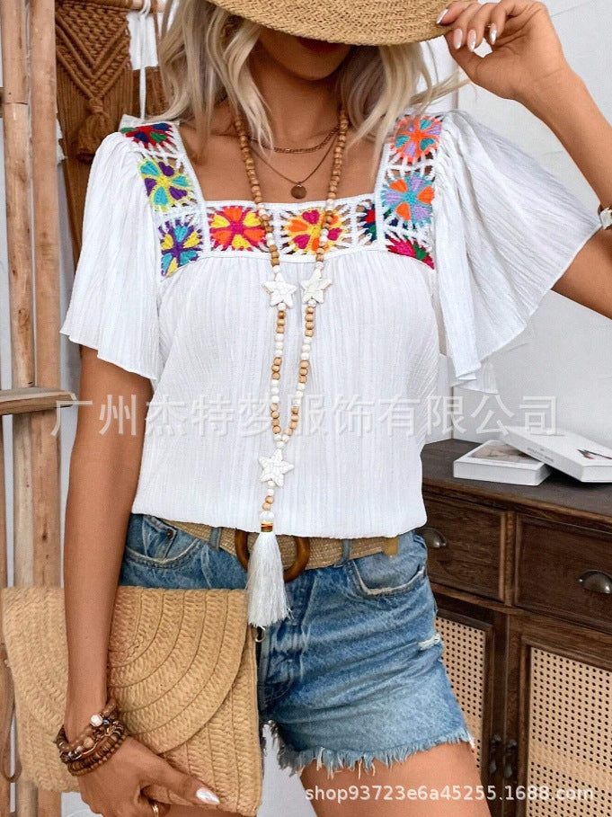 Square Neck Lace Short Sleeve Shirt