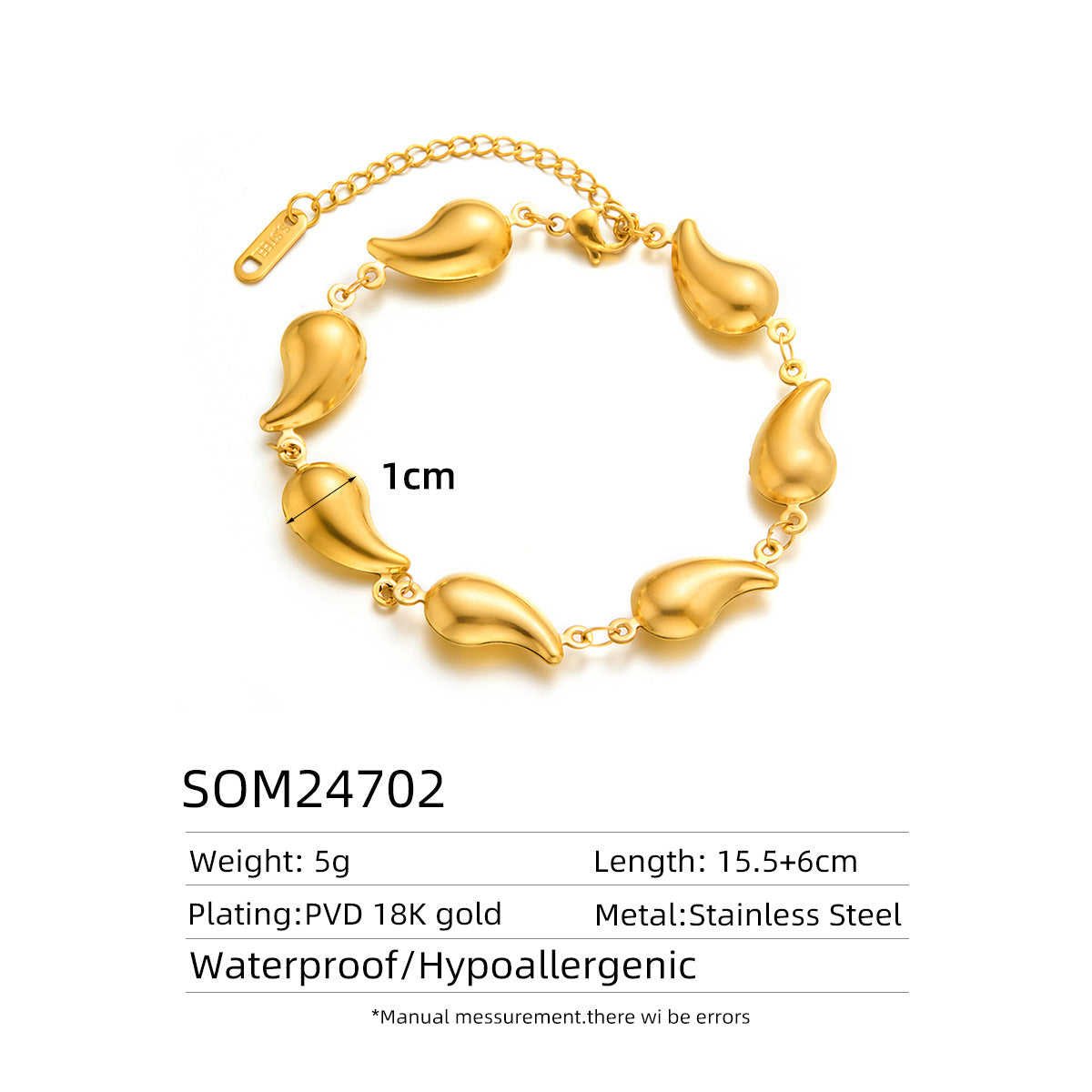 18K Gold Titanium Steel Hypoallergenic Waterdrop Heart Cross Bracelet