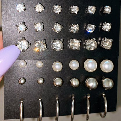 Pearl and zircon earring set 18 pieces
