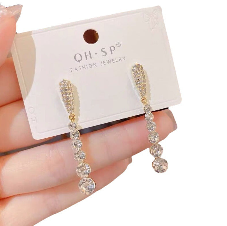 Pendientes largos con flecos de diamantes de imitación y aguja de plata S925 