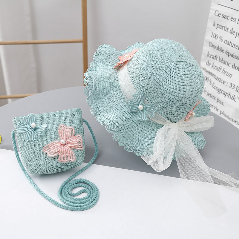 Conjunto de sombrero para el sol de verano para niñas, bolsa de paja con protección solar, elegante conjunto de encaje de princesa para bebés 