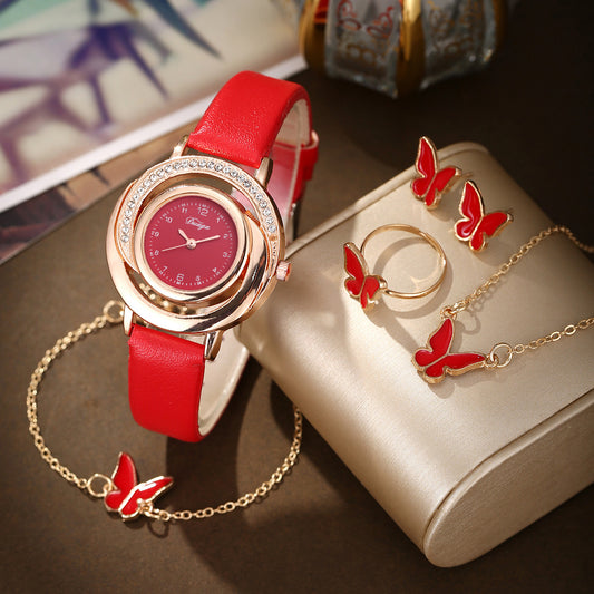 Rhinestone Quartz Watch Pearl Butterfly Jewelry Set